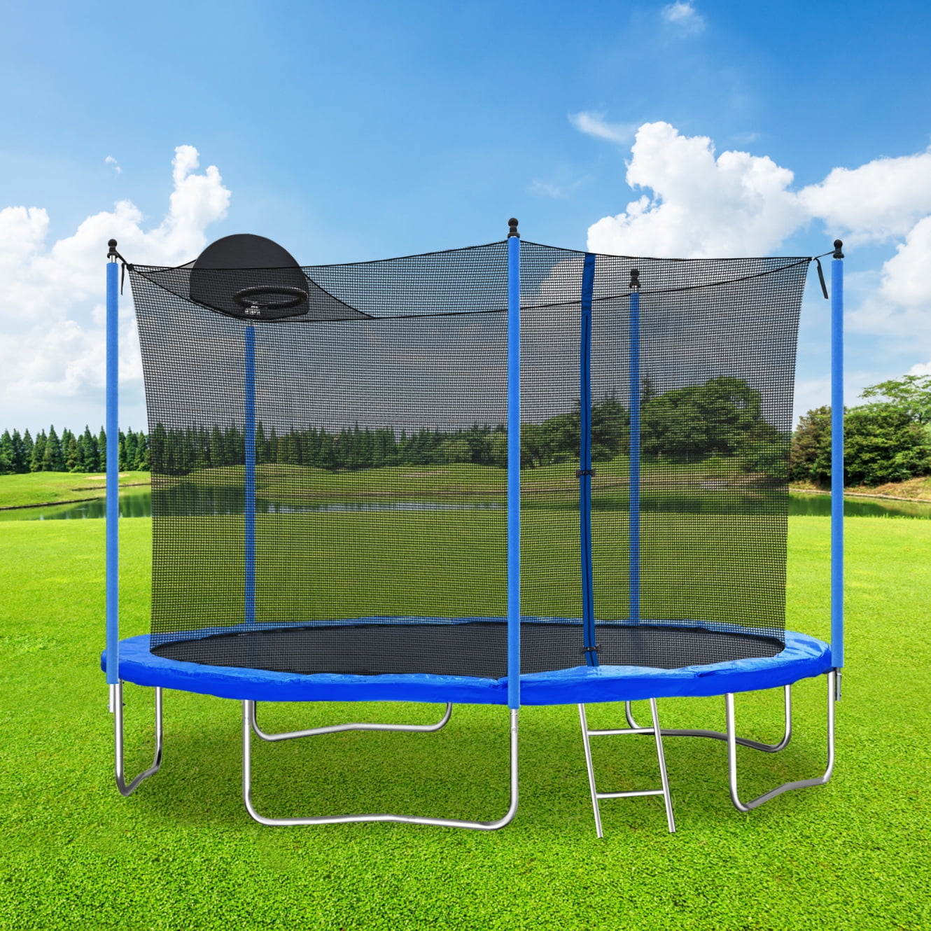 12 FT Trampoline for Kids Adults, Round Trampoline with Safety Enclosure Net, Basketball Hoop and Ladder, Recreational Trampoline for Family Outdoor Activities, Blue